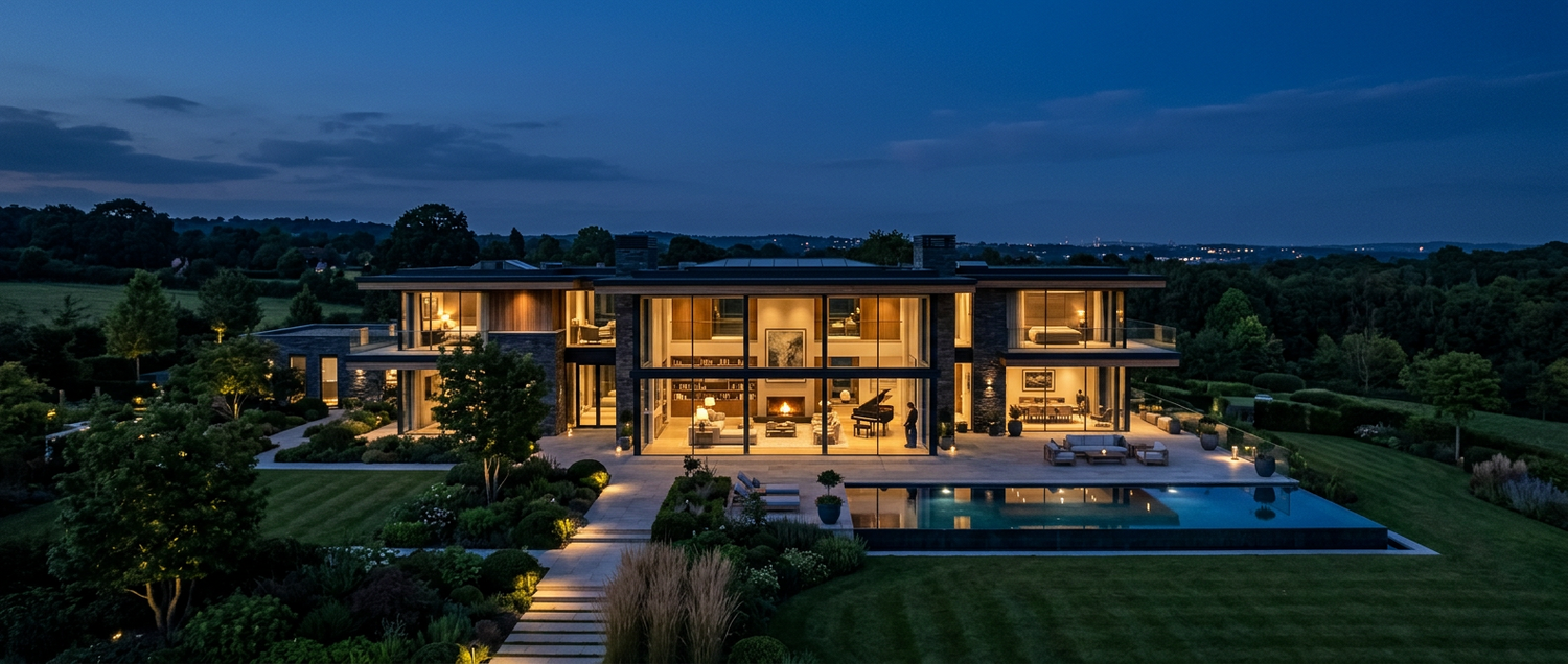 Grand luxury estate at dusk